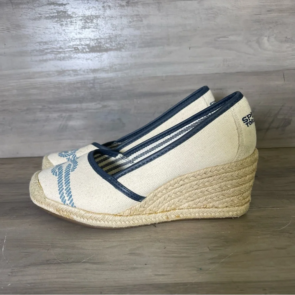 Sperry Womens 6 Tan Blue Knot Nautical Top Sider Espadrilles‎ Closed Toe Wedge